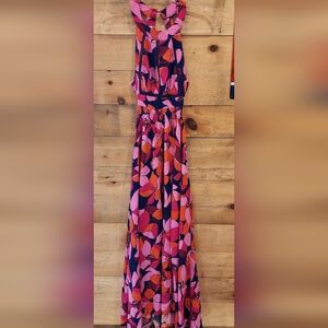 Sleeveless Pink & Orange Patterned Maxi Dress with Halter Neck